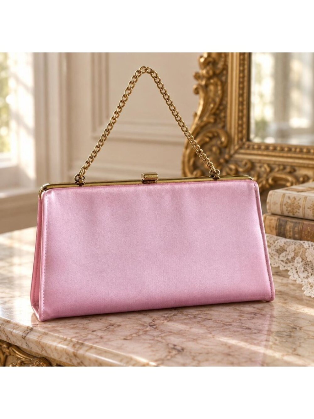Vintage Light Pink Satin Evening Purse, Gold Tone Chain Handle